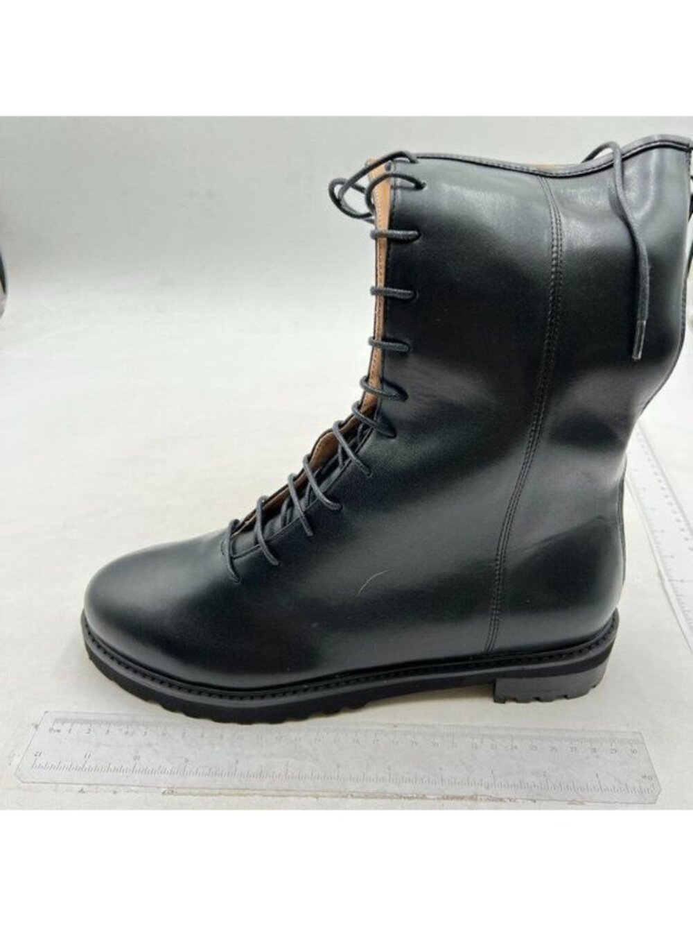 Women's Mid Calf Boots Lace up Boots Leather Side Zipper Winter Boots Black